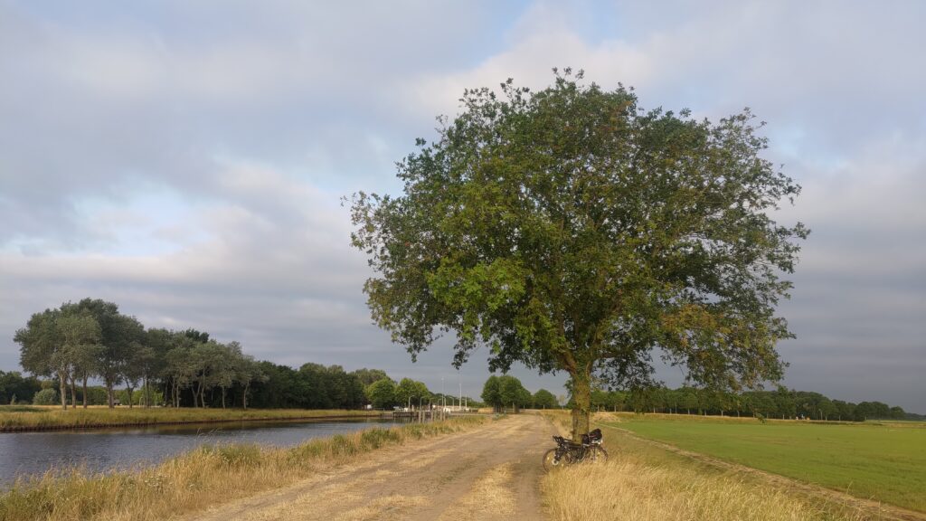 Large route de sable au centre de l'image. En parallèle à gauche un canal. Sur la droite un grand et dur lequel est posé un vélo