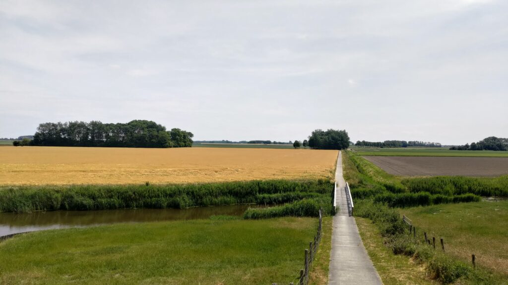 Chemin avec un pont par dessus un canal zu milieu des champs