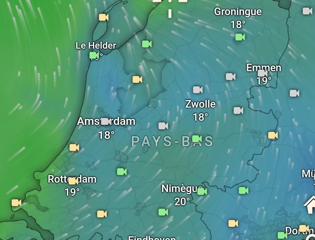 Capture d'écran application météo indiquant le vent. Modéré dans le sens sud est puis sud ouest
