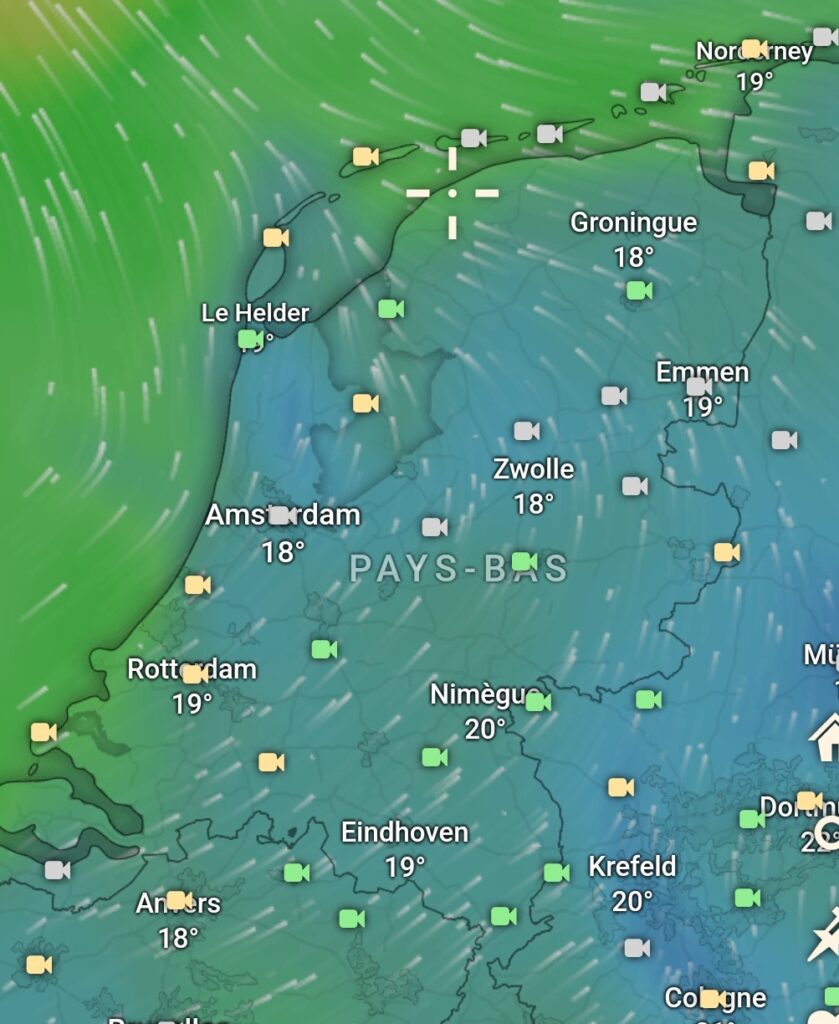Capture d'écran application météo indiquant le vent. Modéré dans le sens sud est puis sud ouest