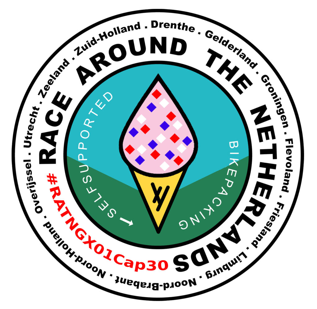 Logo de la RATNGX01, circulaire. Représente un cornet de glace et tout autour indiquées les villes traversées. Personnalisé avec le #RATNGX01Cap30