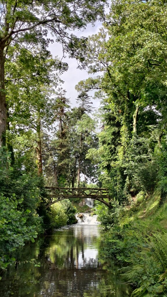 Photo en perspective de l'eau. Petite rivière entourée de beaucoup de verdure et de grands arbres. Un pont probablement en béton mais formé comme des structure d'arbres enjambe la rivière au fond une petite cascade d'environ 1.5m ou 2m