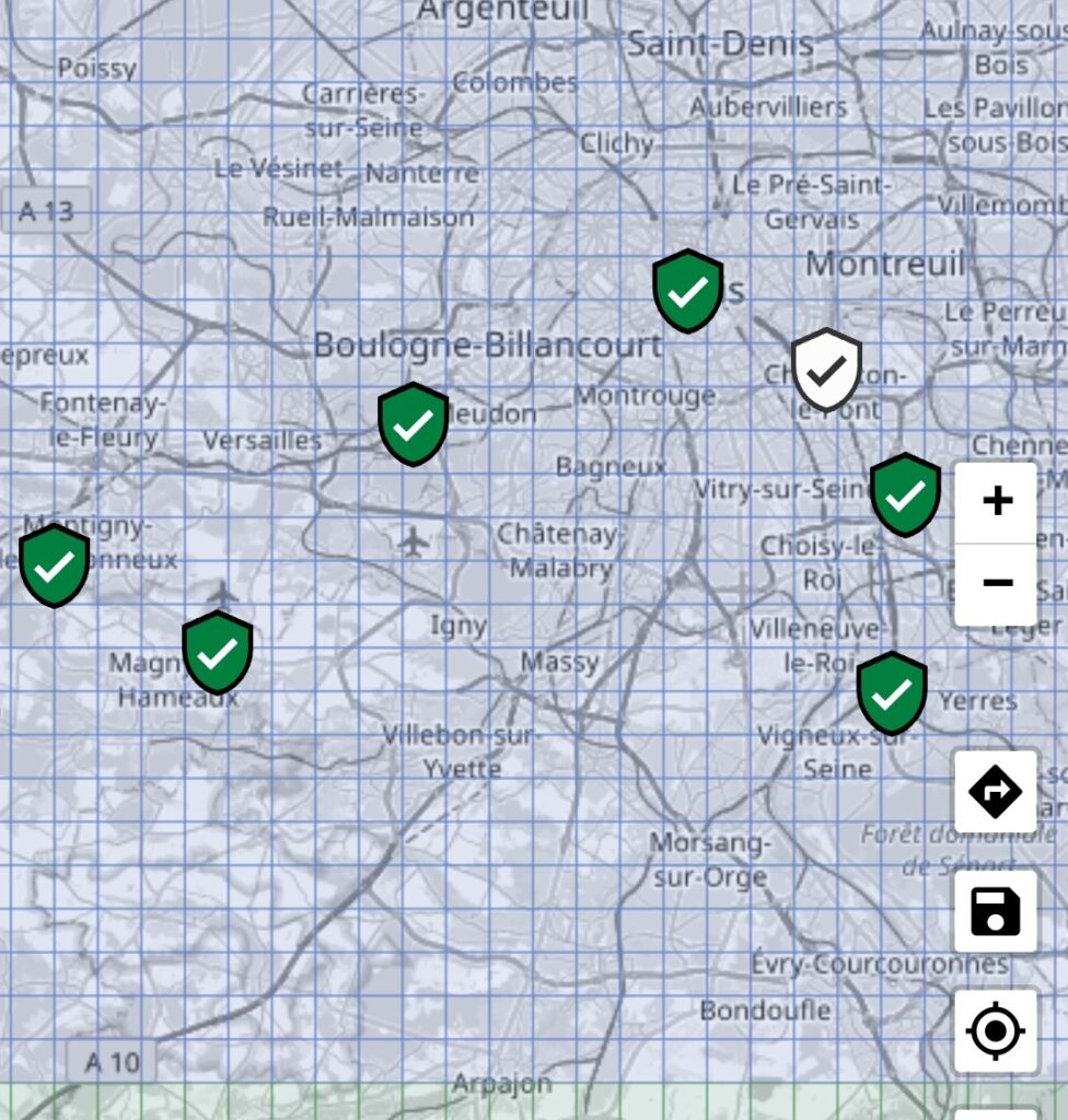 Capture d'écran #statshunters des badges de la région parisienne où il ne manque que le vélodrome