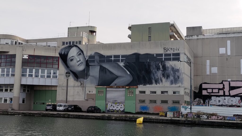 Vu depuis les quais du canal de l'Ourcq, sur un bâtiment industriel, un très grand graph d'environ 30m de large sur 10m de haut en noir et blanc. Il représente de façon photoréalistique une femme allongée sur le côté qui regarde le spectateur avec un visage paisible.
