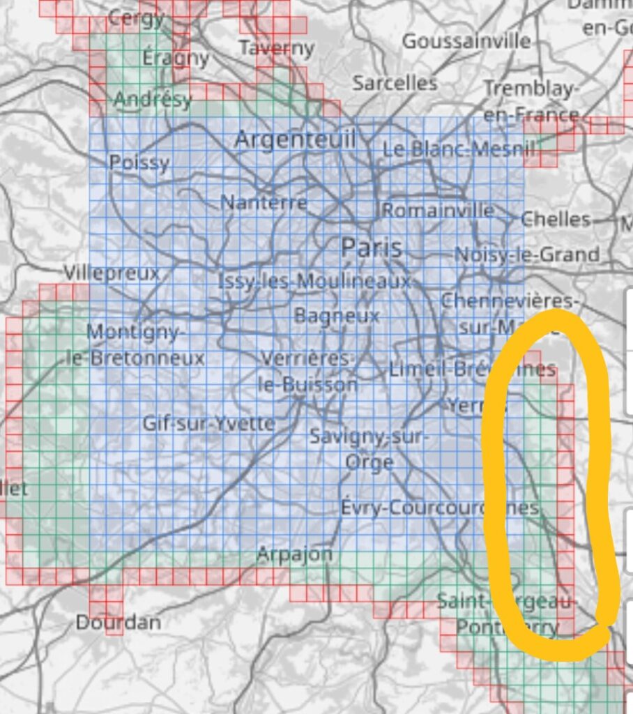 Capture d'écran du site Statshunters centrée sur la région parisienne. Une colonne de tuiles est encerclée manuellement de jaune au sud est de la région remontant de Cesson à Brie Comte Robert