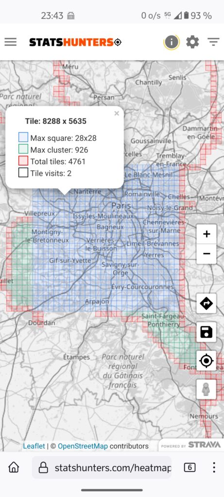 Capture d'écran de #statshunters centré sur la région parisienne. Un popup indique notamment le plus grand carré à 28x28