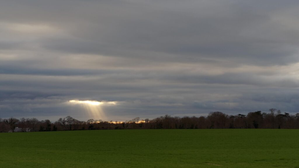À la tombé de la nuit, photo de paysage. Au premier plan une prairie verte, une ligne d'arbre barre l'horizon et le ciel est lourd et nuageux. À travers une trouée de nuage, le ciel passe et des rayons très lumineux, obliques, éclairent le bas du ciel