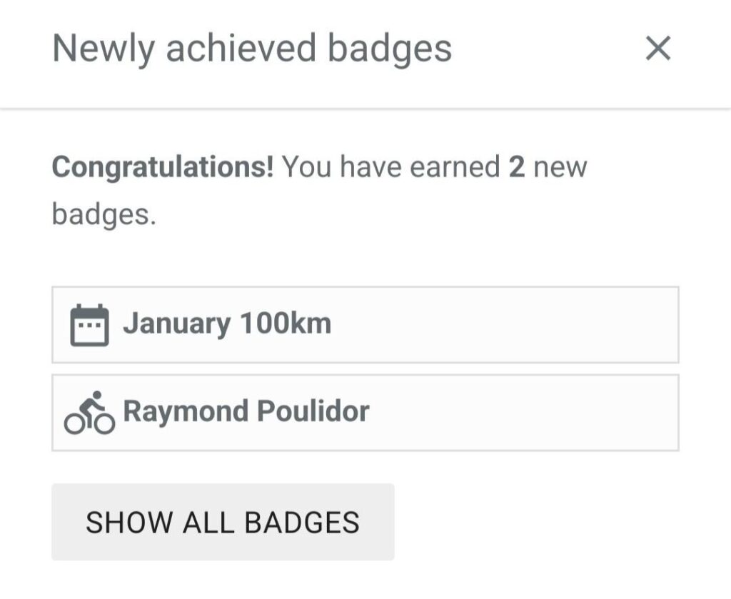 Statshunters indiquant deux nouveaux badges : January 100km et Raymond Poulidor
