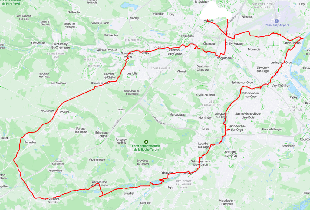 Carte du sud de l'Île-de-France partant de Massy direction Athis-Mons, tout le long de l'Orge, traversée de l'A10 vers Saint-Cyr-sous-Dourdan, remonté vers Limous, puis les Ulis, Orsay et retour à Massy