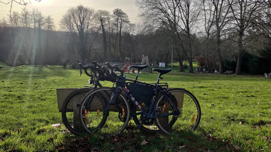 Deux vélos type gravel posés sur un banc avec un parc en arrière plan, en contre jour
