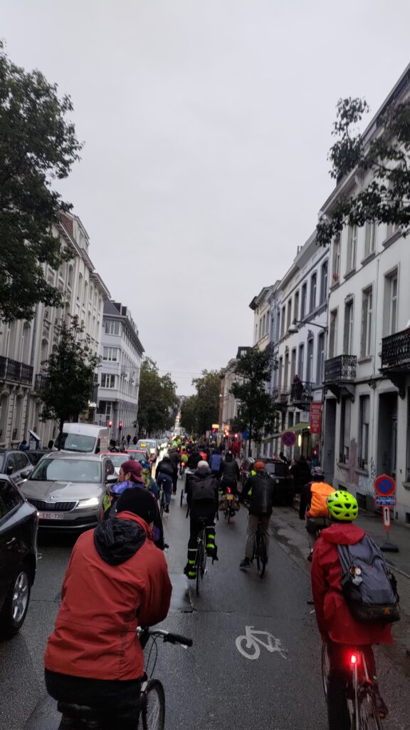 Vue de dos de très nombreux cyclistes dans une rue en perspective, ils occupent toute la rue. Le temps est gris voir pluvieux