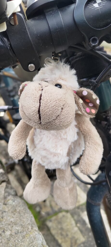 Une petite peluche mouton accrochée à un vélo