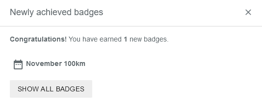 Capture d'écran de #statshunters indiquant un nouveau badge, le November 100km