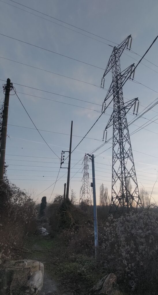 Sous de très nombreux poteaux de fils téléphoniques et électriques, un chemin très peu visible au milieu de la végétation, on distingue un dépôt sauvage de déchets au milieu du chemin