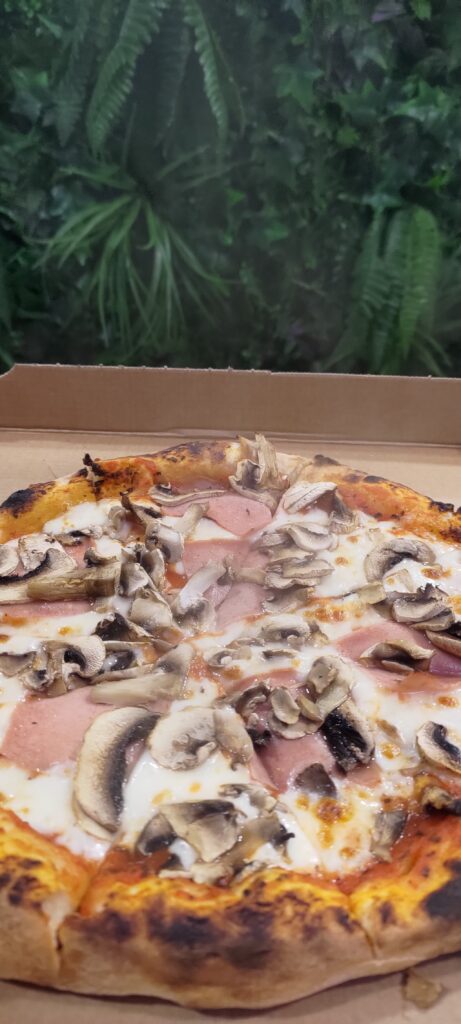 Une part de pizza fumante dans son carton devant un décor de fausses plantes