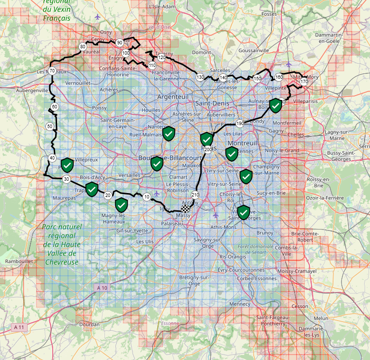 Capture d'écran StatsHunters montrant la trace globalement à l'est, au nord-est et au nord de Paris, superposée avec le max square qui descend jusqu'au sud de Paris.