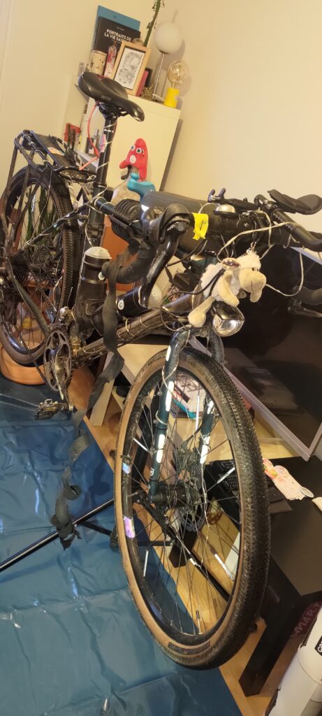 Un vélo sur un pied d'atelier dans un appartement