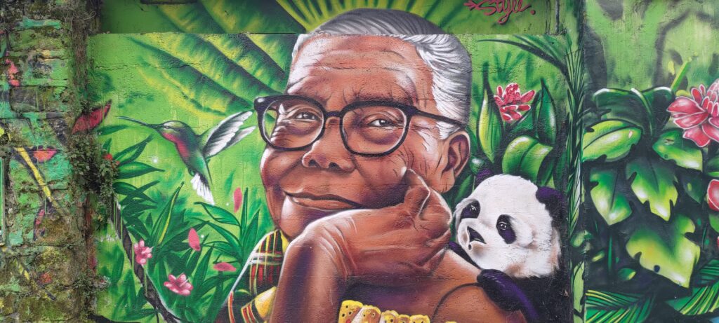 Portrait d'une femme de couleur agée portant des lunettes, style dessin. En arrière plan de la verdure tropicale. Un colibri est au niveau de son visage. Un petit panda est appuyé sur son épaule