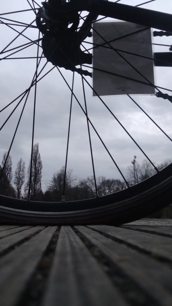 vue au ras du sol d'un sol en bois type terrasse un pneu de vélo à plat