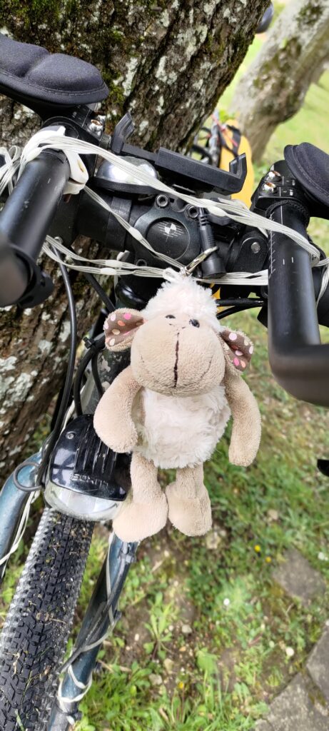 Petite peluche de mouton accrochée au cintre d'un vélo
