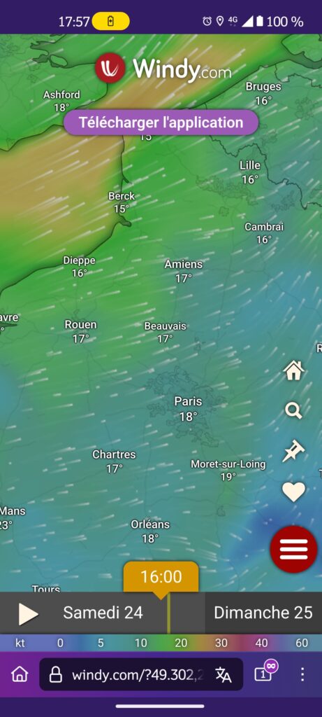 Capture d'écran d'une application montrant le vent assez fort (environ 20km/h) en direction SO