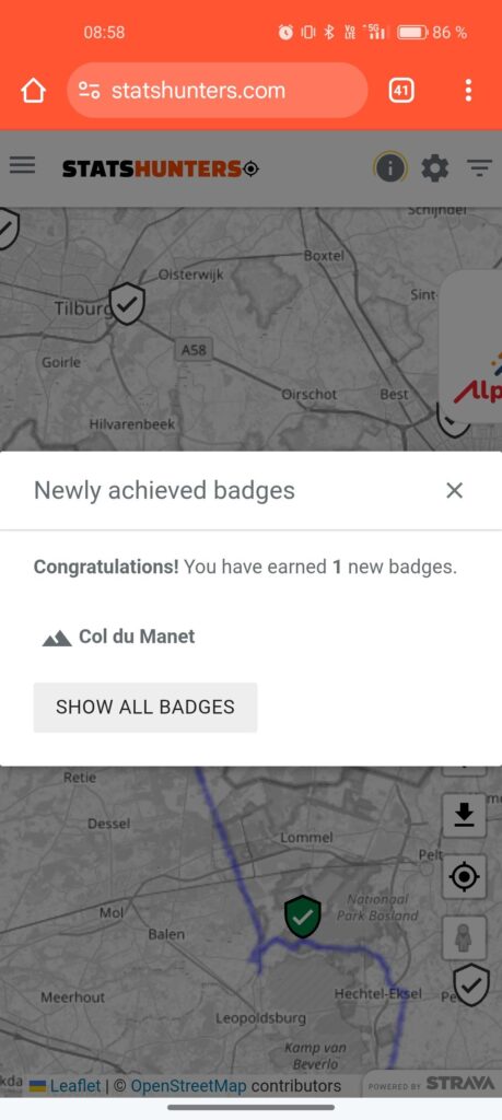 Capture d'écran StatsHunters avec le badge du Col du Manet validé