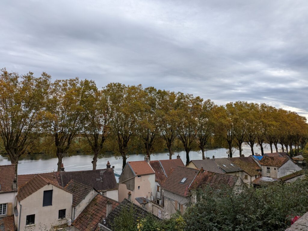 Vue panoramique de Rolleboise, des maisons au premier plan, une rangée d'arbres et la Seine derrière