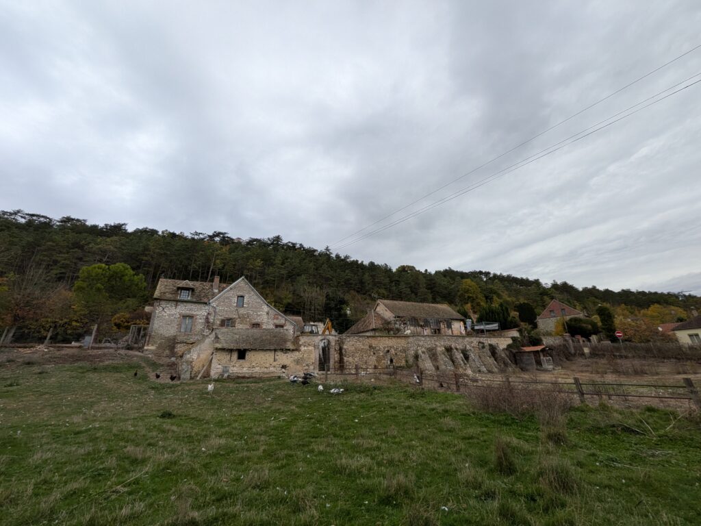 Maison/ferme à allure très médiévale sur un terrain en pente, vue d'en bas, des dépendances en pierre et des volatiles sur le terrain dont des paons