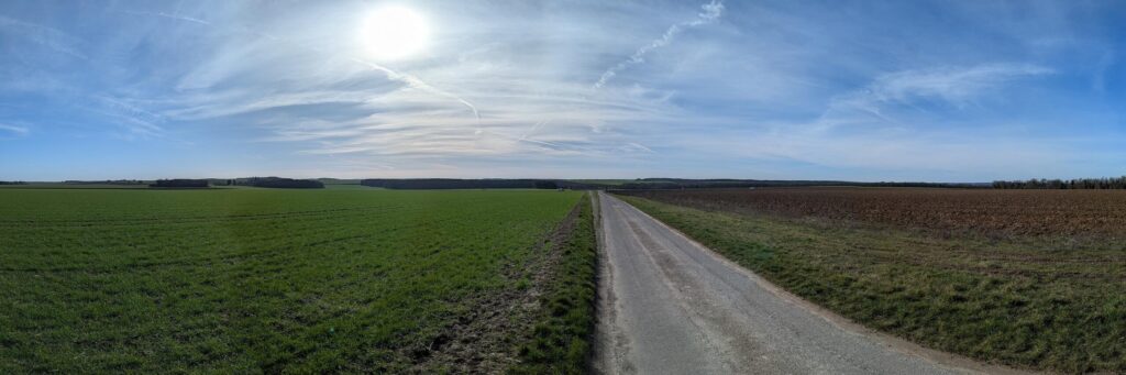 Vue panoramique d'un paysage de campagne de jour, petite route et champs et grand soleil