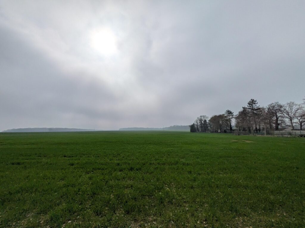 Paysage de campagne avec une prairie verte et un ciel gris derrière lequel on sent le soleil qui essaye de percer