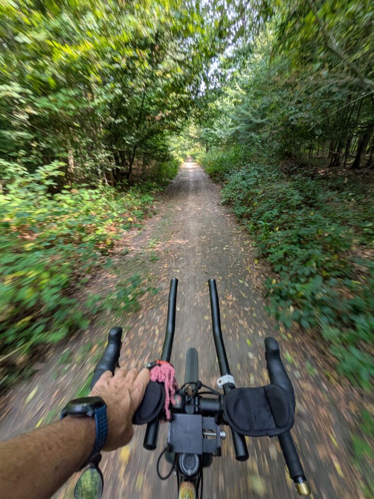 Vue subjective d'un cycliste qui tient d'une main le cintre. Petit chemin en forêt. La photo a un flou de mouvement