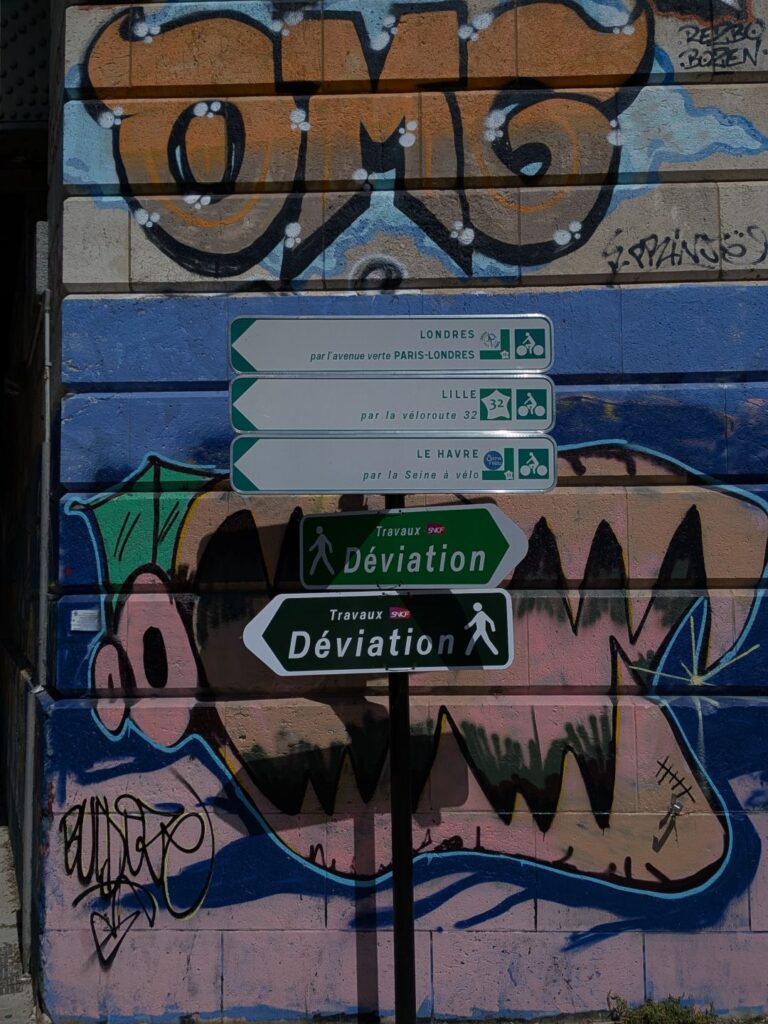 Panneaux de circulation sur voie verte indiquant notamment Londres Lille et Le Havre