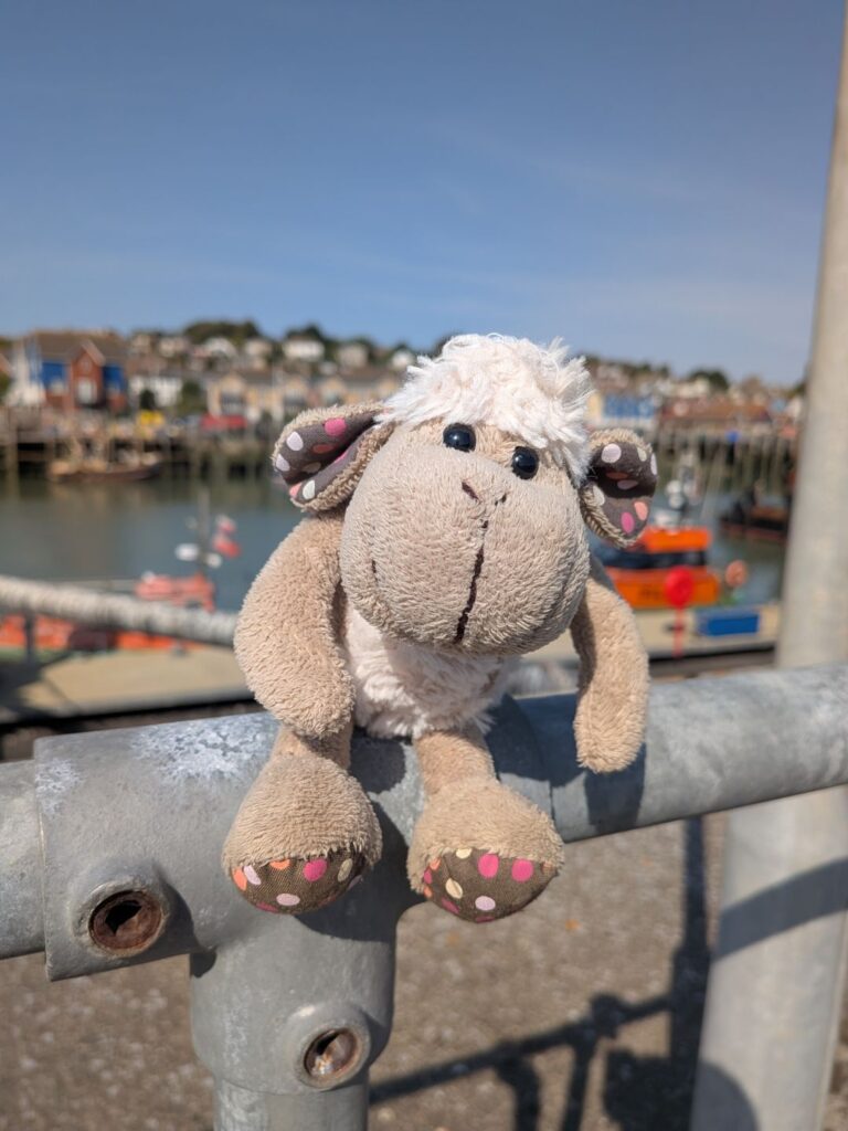 Petite peluche mouton posée sur une barrière et à l'arrière plan un port